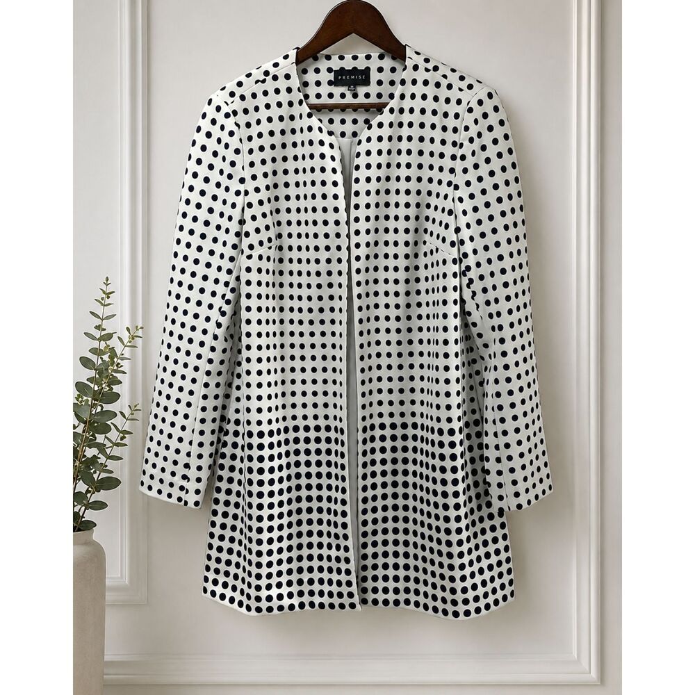 Premise Black White Polka Dot Open Front Blazer Jacket Size 10 Like New